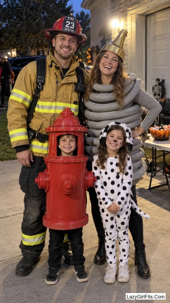A Full Firehouse Crew: Chief, Hose, Hydrant, and a Dalmatian Spot