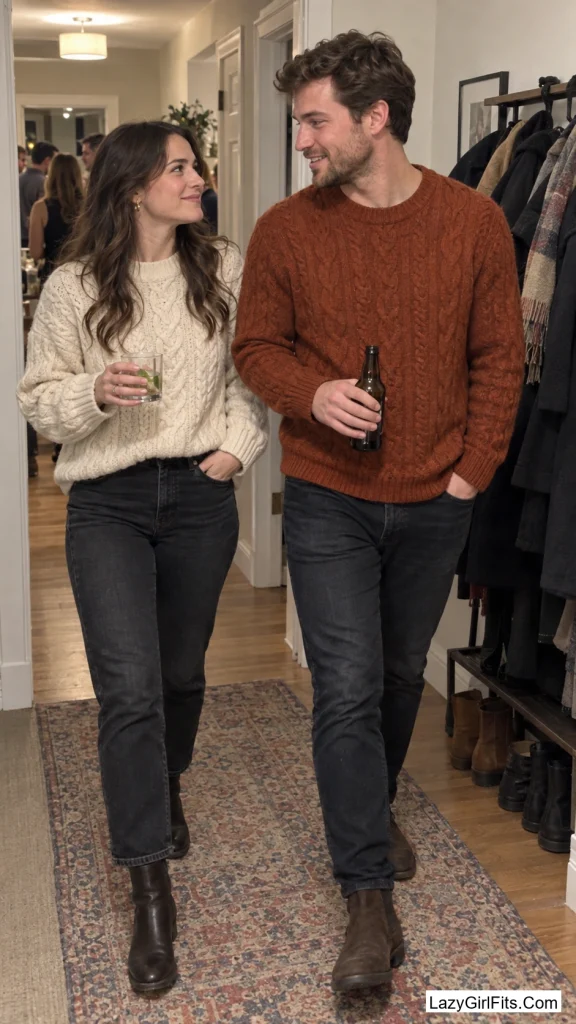 Matching Cable-Knit Sweaters in Opposite Colors