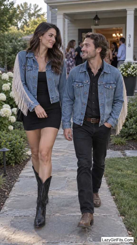 One Sleeve of Fringe Each on a Shared Denim Jacket