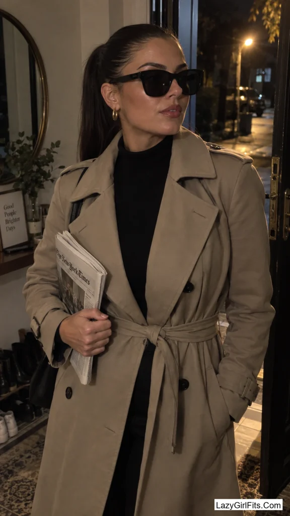 Slicked-Back Ponytail and a Structured Trench Coat