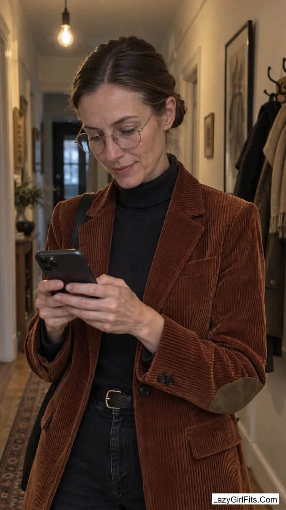 Slicked Bun, Round Glasses, and a Corduroy Blazer
