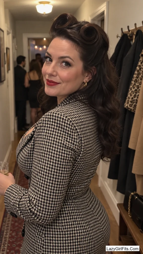 Victory Rolls and a Fitted Houndstooth Blazer Dress