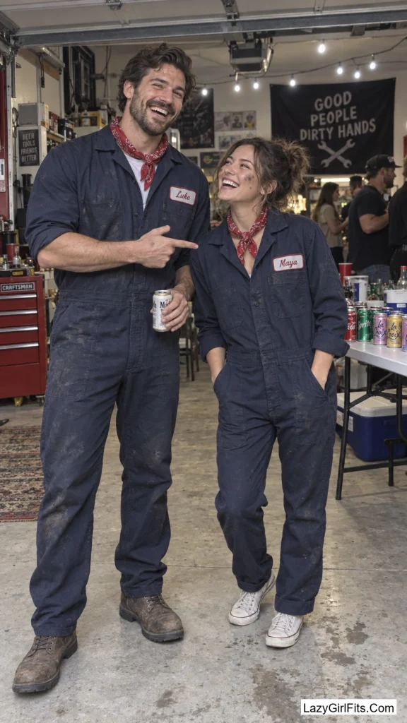 Vintage Gas Station Attendants in Matching Coveralls
