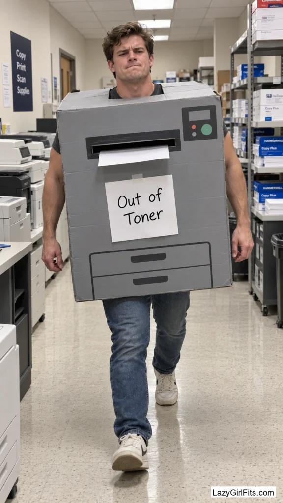 A Cardboard Photocopier Costume with "Out of Toner" Taped to the Front