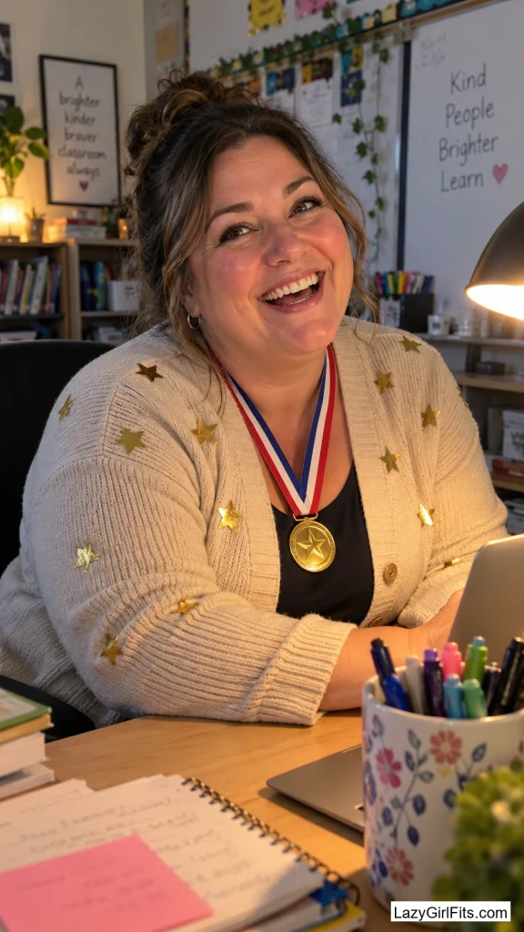 A Cardigan Covered in Gold Star Stickers for "World's Okayest Teacher"