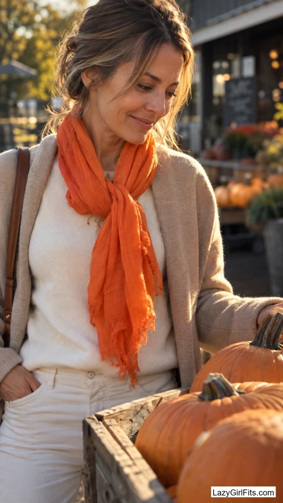 A Citrus-Orange Scarf on Neutrals