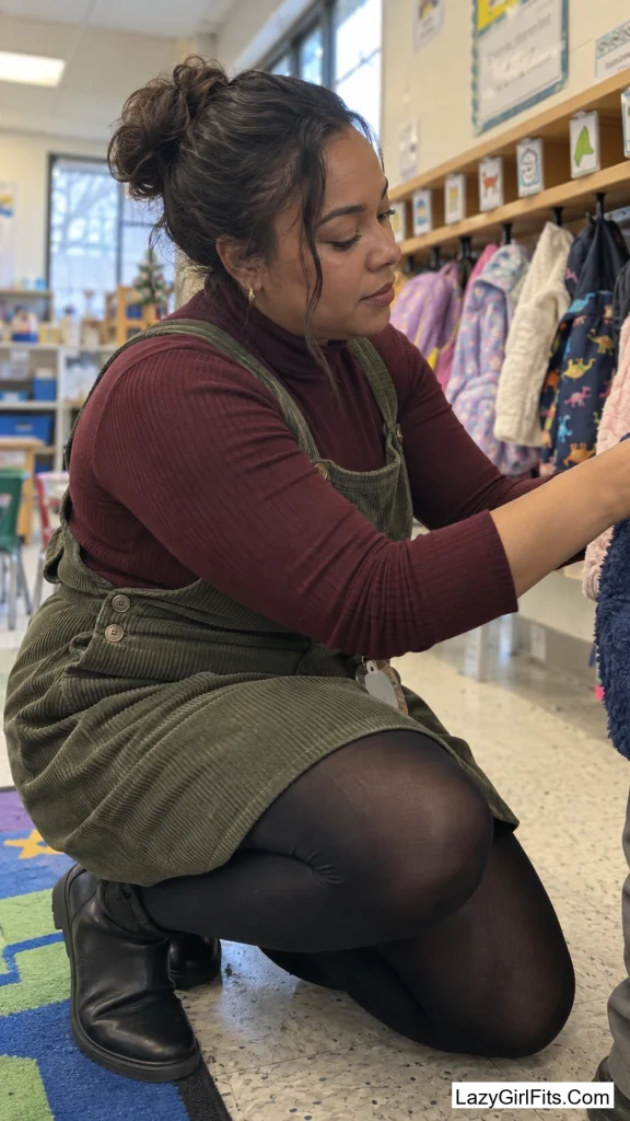 A Corduroy Pinafore Dress Over a Turtleneck