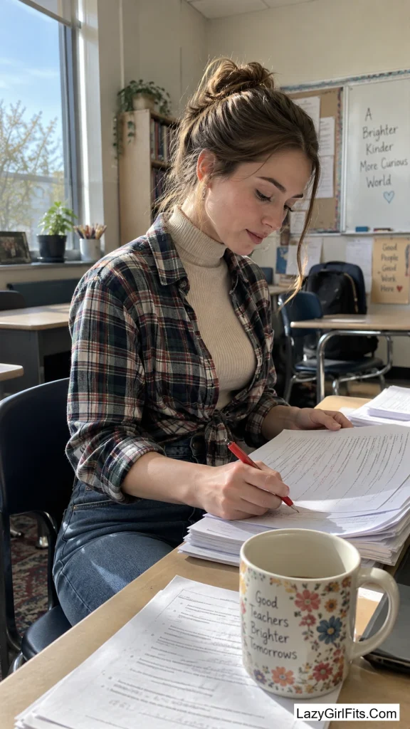 A Flannel Shirt Knotted Over a Ribbed Turtleneck