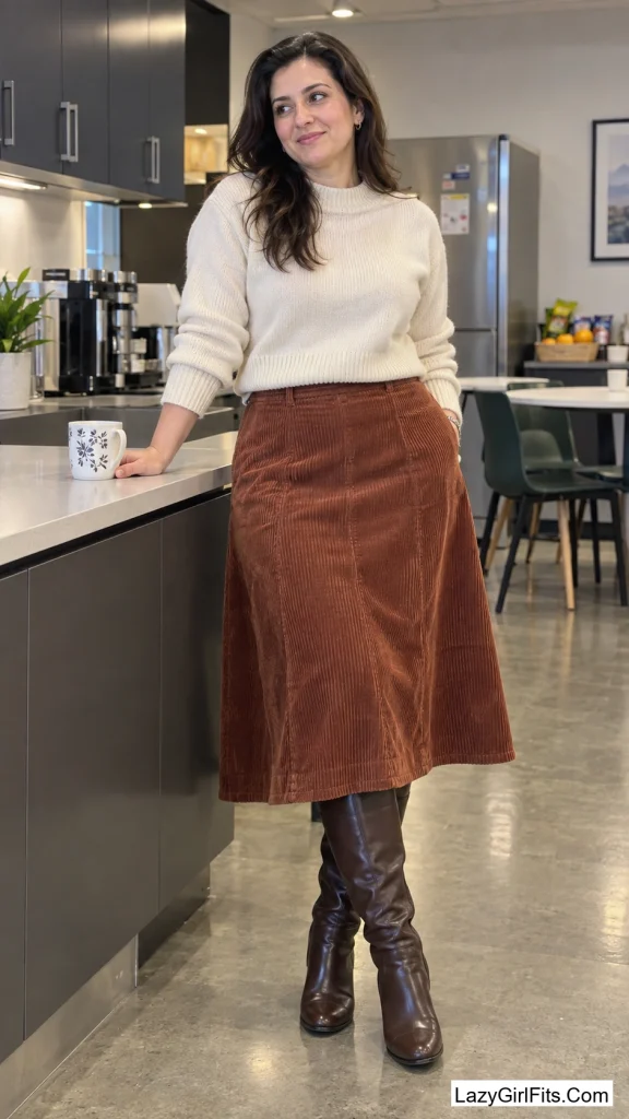 A-Line Corduroy Skirt With a Cropped Sweater and Knee Boots