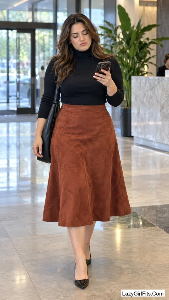 A-Line Midi Skirt in Rust Suede