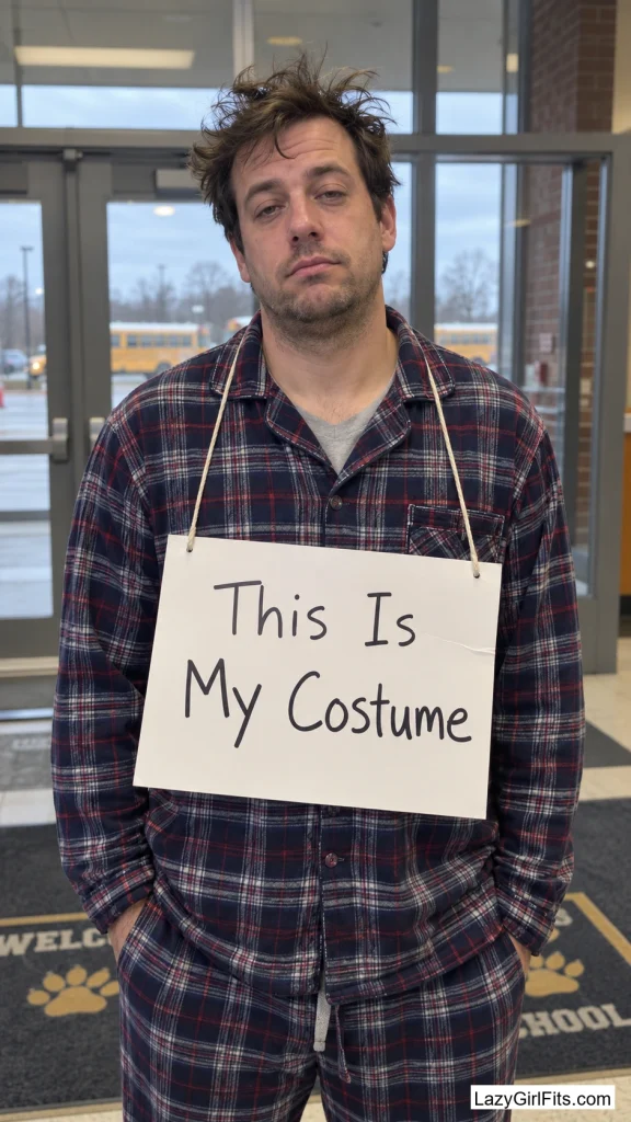 A Poster Board Sign Reading "This Is My Costume" Worn Over Pajamas