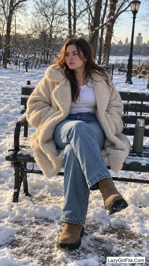 A Teddy Coat Over Jeans