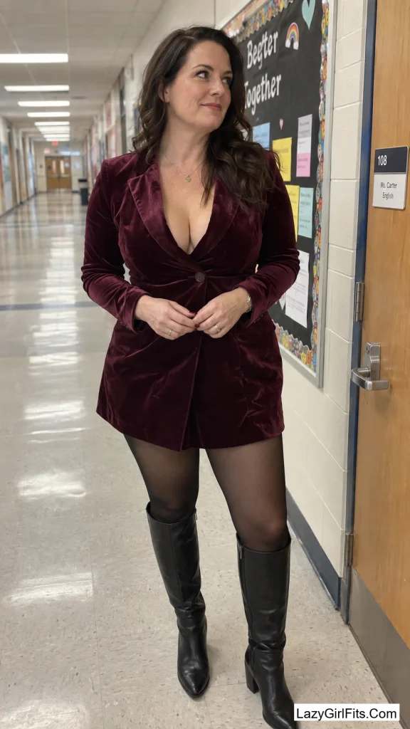 A Velvet Blazer Dress with Sheer Black Tights