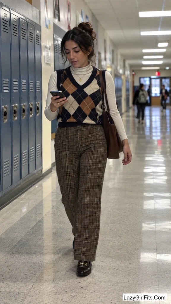 Argyle Sweater Vest Over a Turtleneck with Plaid Trousers