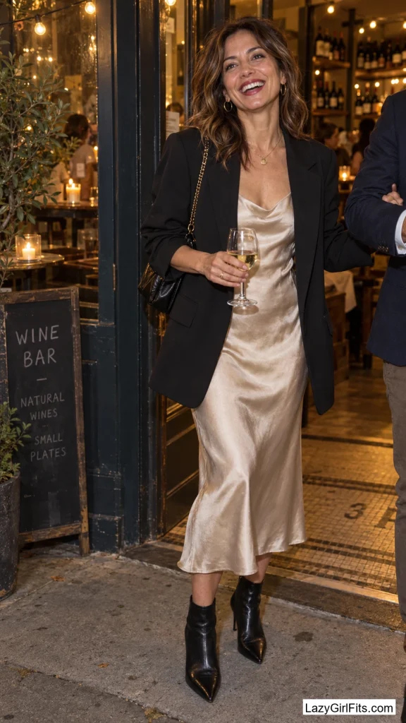 Bias-Cut Silk Slip Under an Oversized Blazer With Ankle Booties