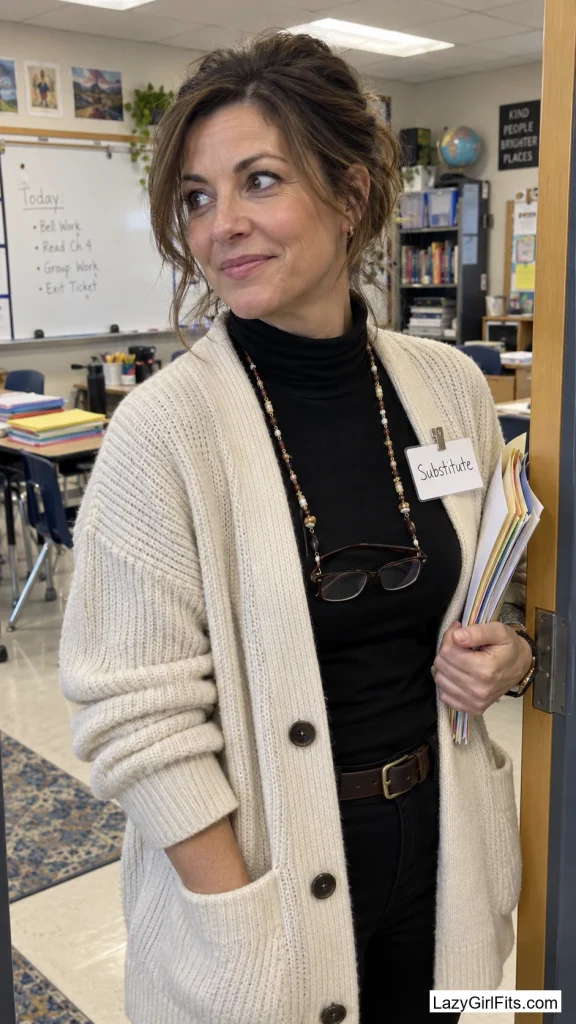 Black Turtleneck, Cardigan, and Reading Glasses on a Chain