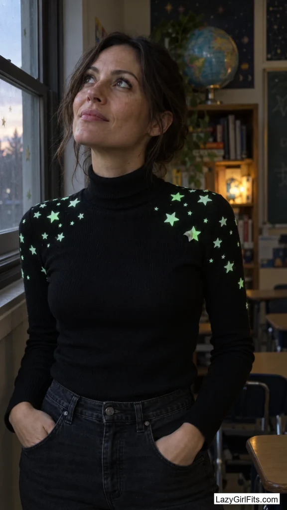 Black Turtleneck and Jeans with Glow-Star Stickers for a Night-Sky Look