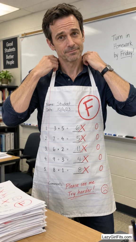 Blank Answer Key Worn as an Apron, Every Box Marked Wrong