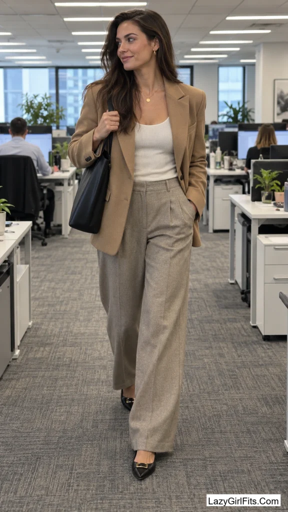 Boxy Blazer Over a Ribbed Tank and Wide-Leg Trousers