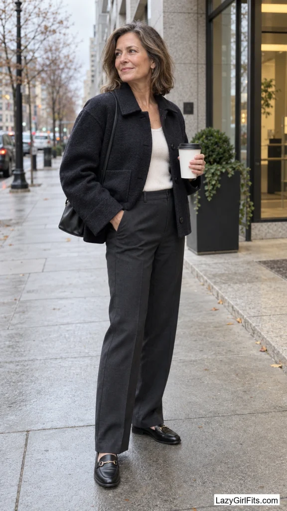 Boxy Boiled-Wool Jacket Over a Ribbed Tank and Straight-Leg Trousers