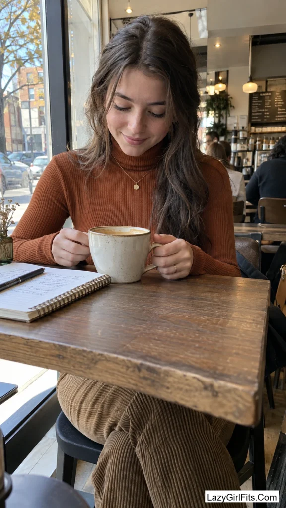 Burnt-Orange Turtleneck With Straight-Leg Cords