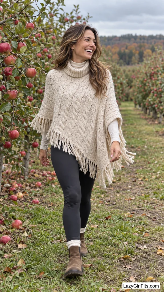 Cable-Knit Poncho Over a Turtleneck and Leggings
