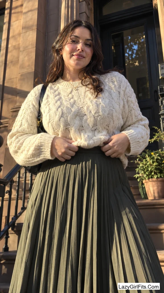 Cable Knit Tucked Into a Pleated Midi Skirt