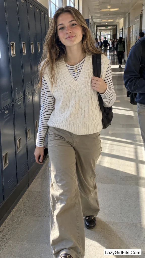 Cable-Knit Vest Over a Striped Tee