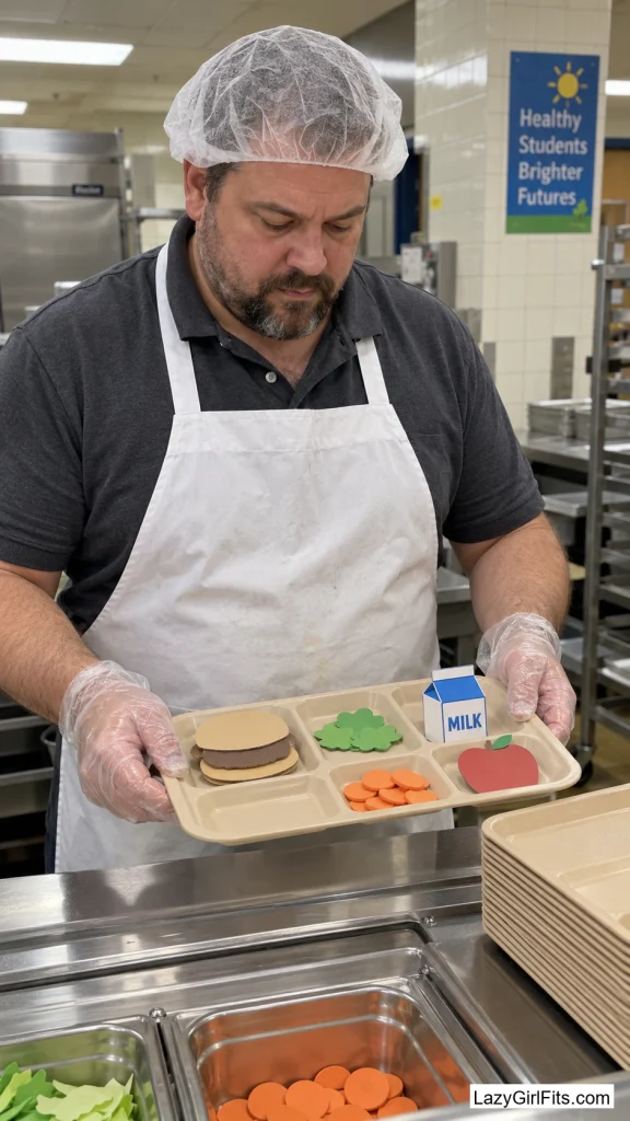 Cafeteria Hairnet and Apron with a Tray of Cardboard "Mystery Meat"