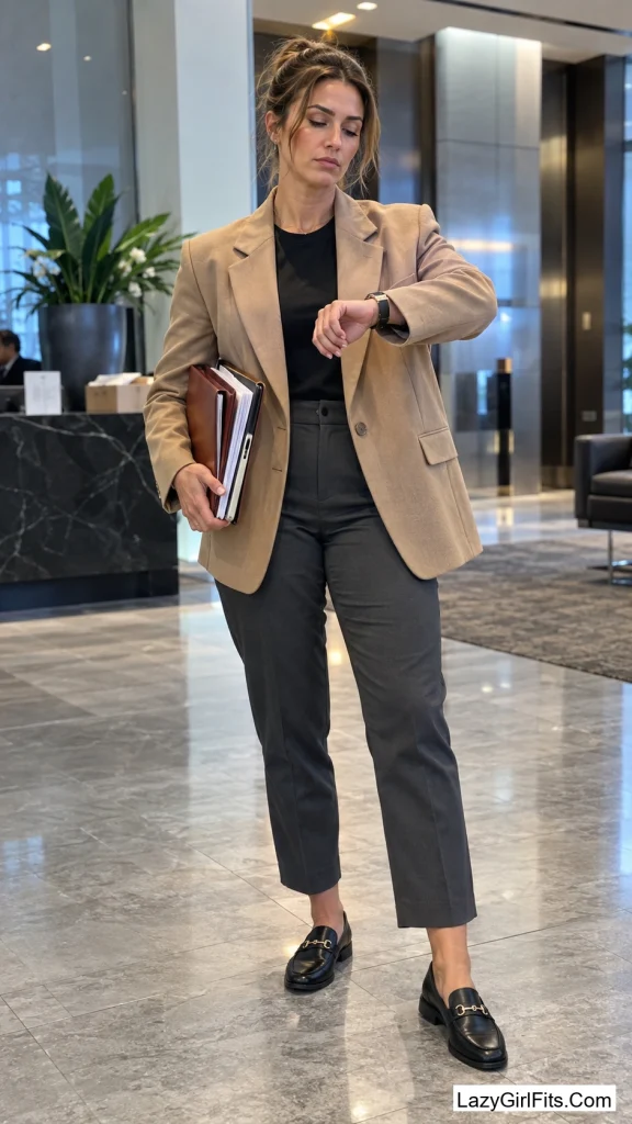 Camel Blazer with Cropped Straight-Leg Trousers
