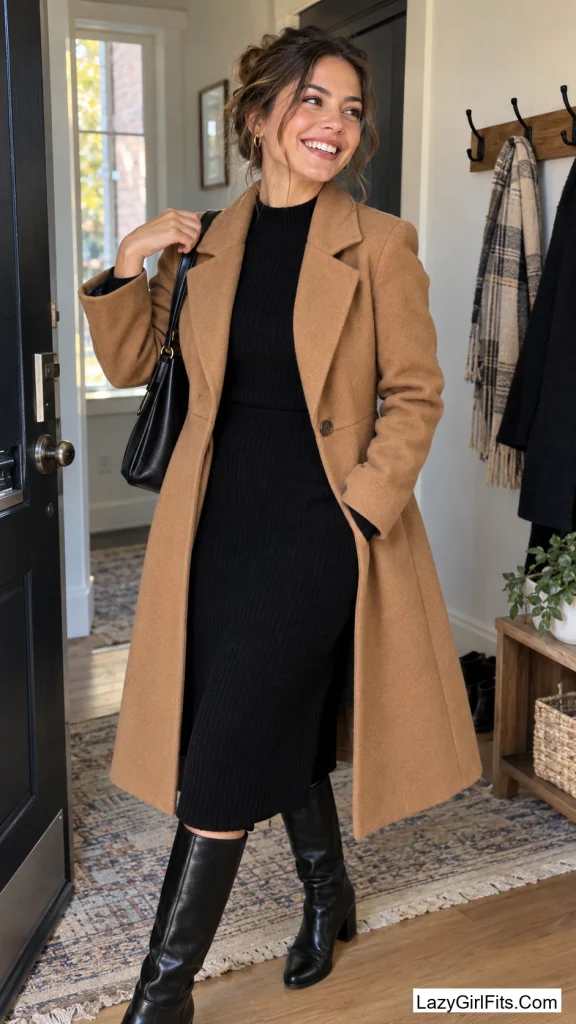 Camel Coat Over a Black Ribbed Midi Dress