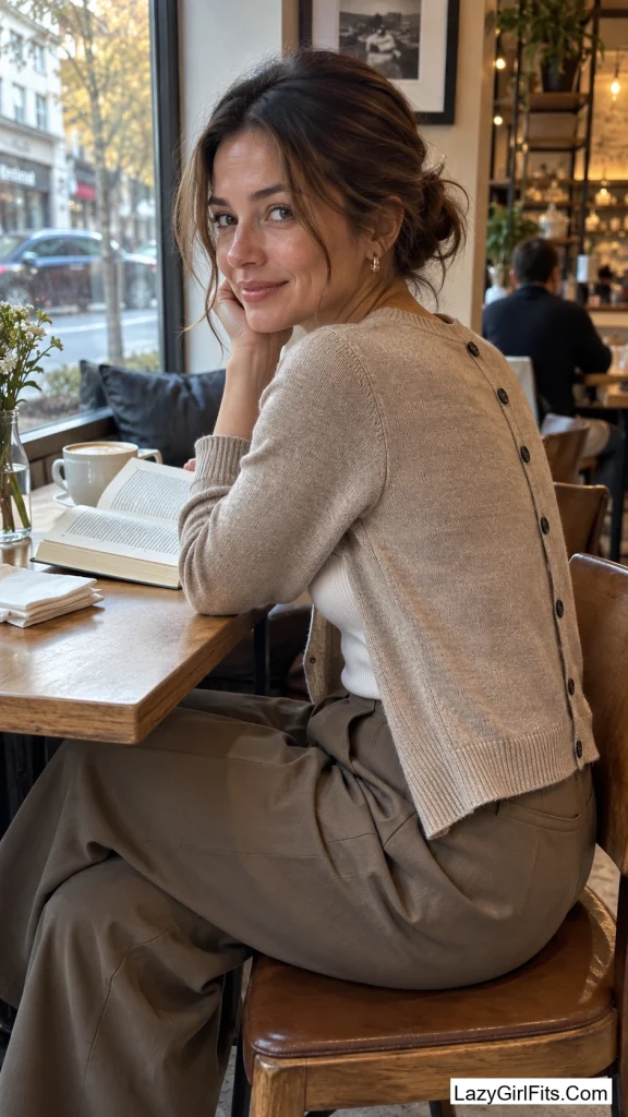 Cardigan Buttoned Backward Over a Tank