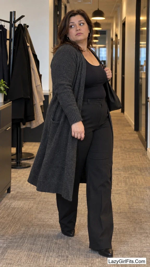 Cardigan Doubling as a Jacket Over a Fitted Tank and Trousers