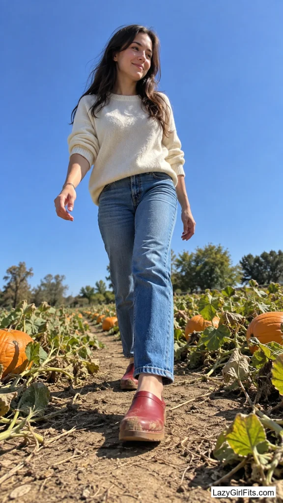 Cherry-Red Clogs With Jeans