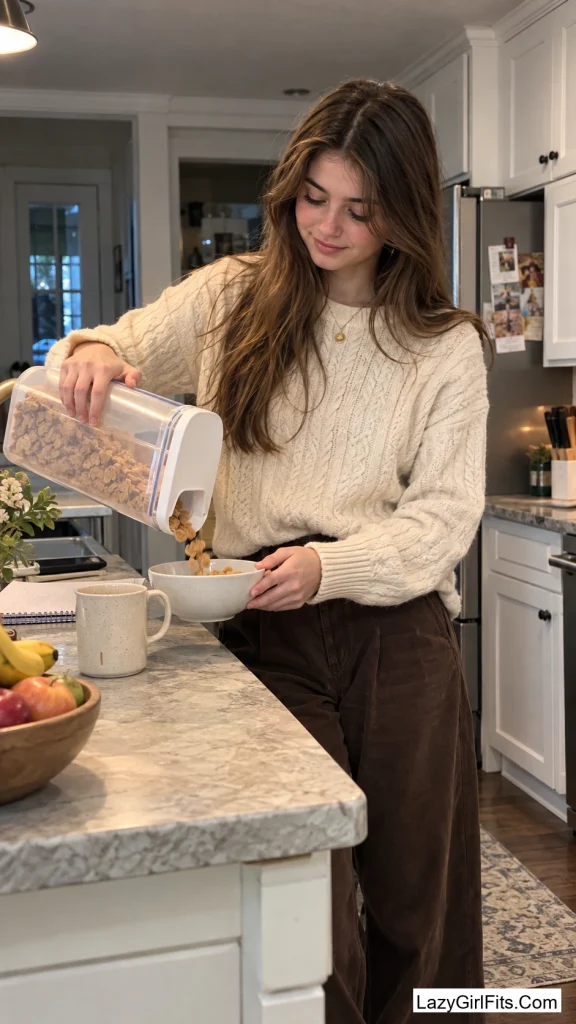 Chocolate Pants With a Cream Sweater