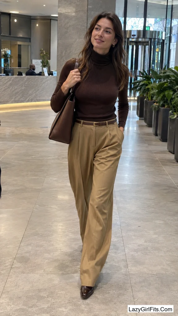 Chocolate Turtleneck Tucked Into Wide-Leg Trousers
