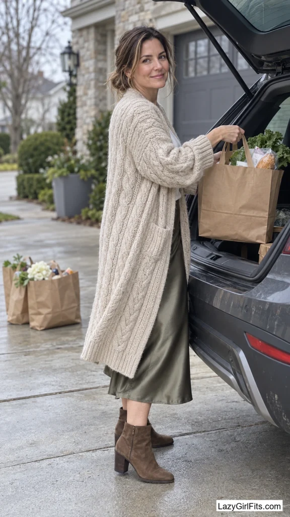Chunky Cable Cardigan Worn as a Coat Over a Silk Slip Skirt