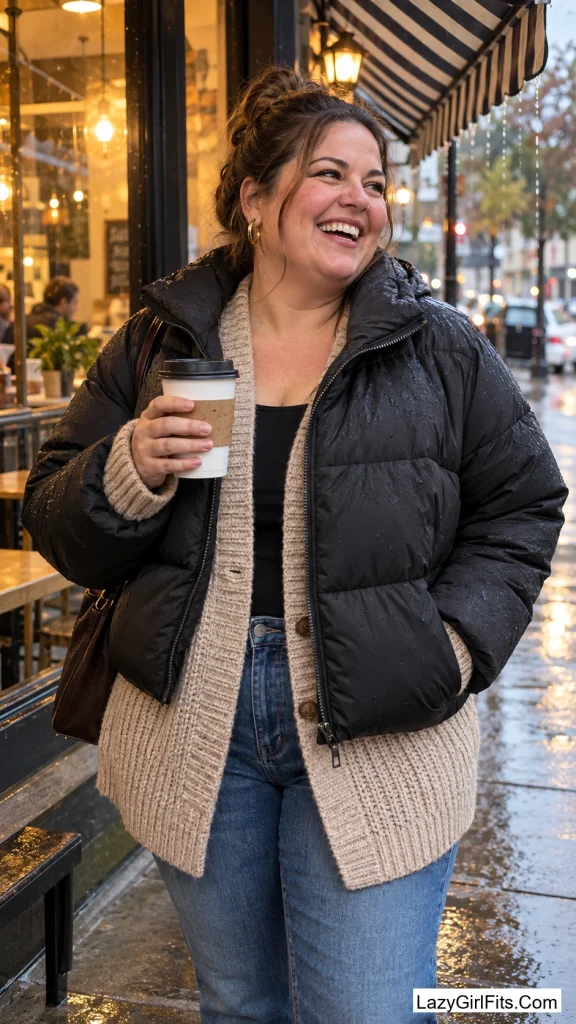 Chunky Cardigan Under a Cropped Puffer