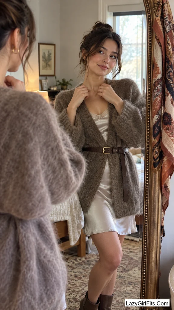 Chunky Mohair Cardigan Belted Over a Slip Dress