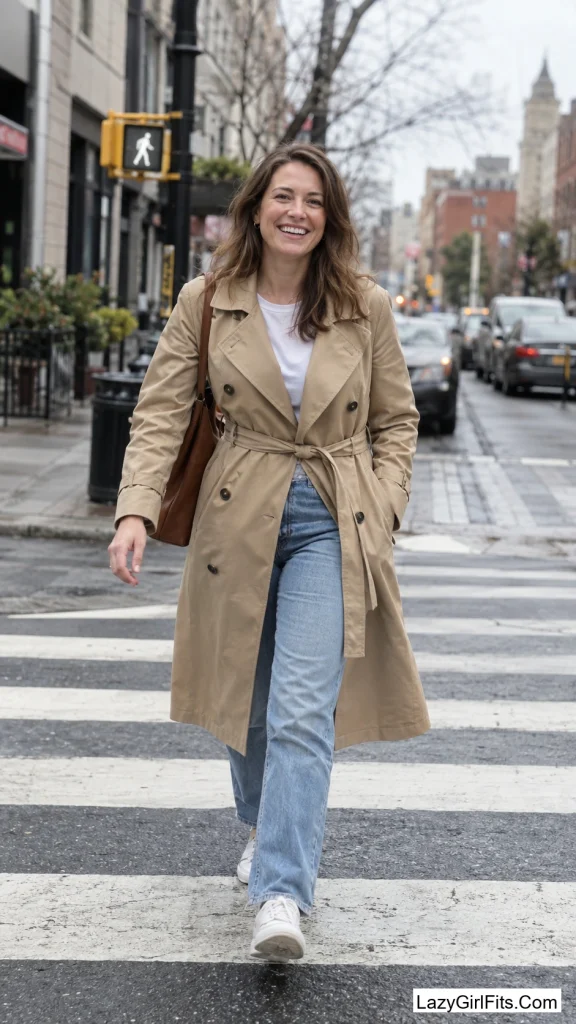 Classic Trench Coat Over Jeans and a White Tee