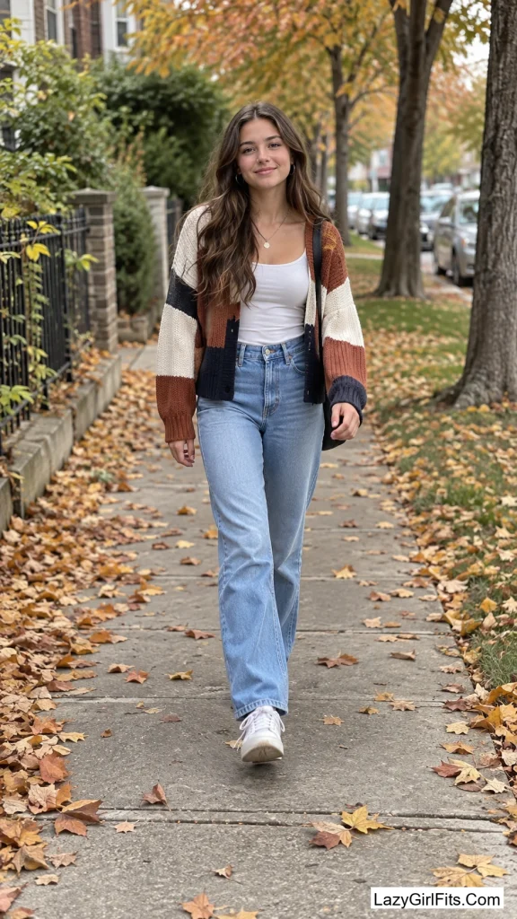 Color-Block Cardigan Over a White Tank