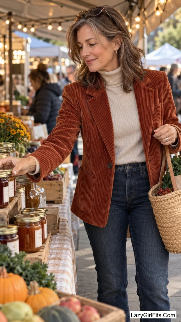 Corduroy Blazer Over a Fine-Knit Turtleneck