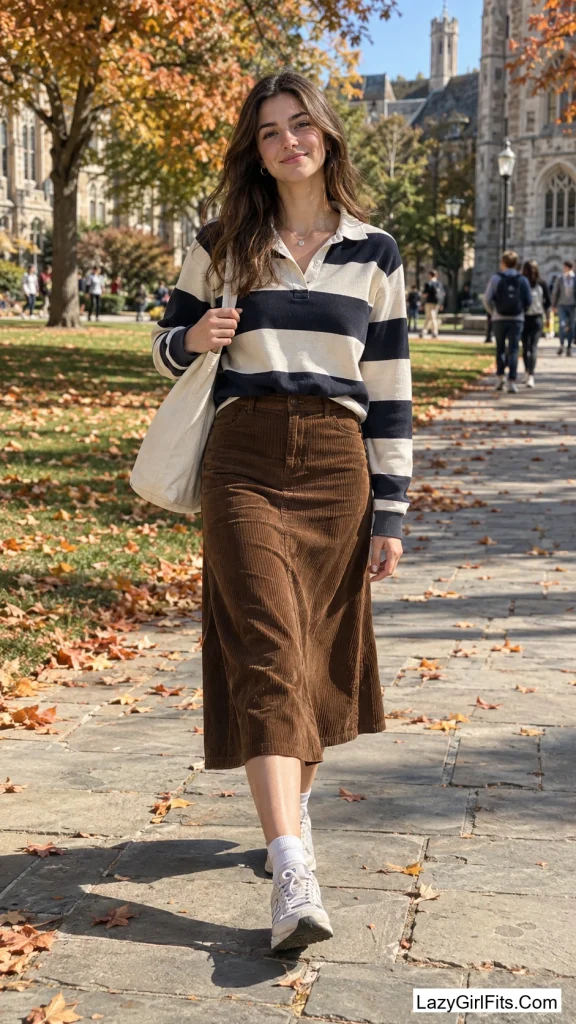 Corduroy Midi Skirt With a Rugby Stripe Shirt