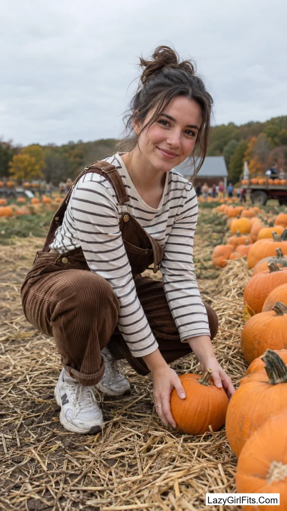 Corduroy Overalls Over a Striped Tee