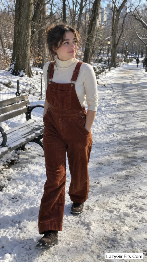 Corduroy Overalls Over a Turtleneck