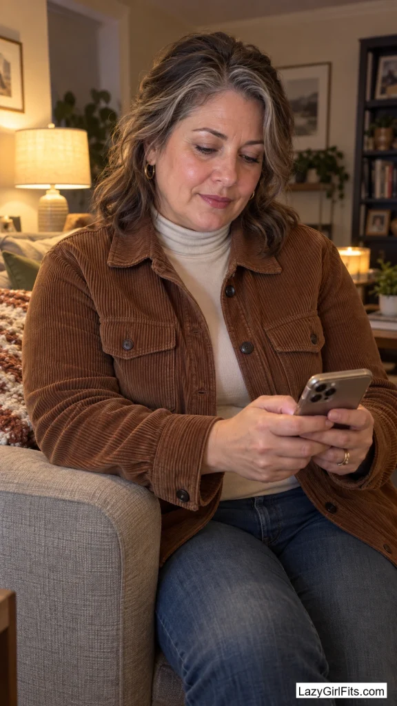 Corduroy Shirt-Jacket Buttoned Over a Turtleneck Bodysuit With Straight Jeans