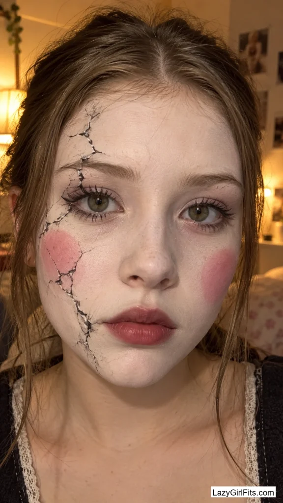 Cracked Porcelain Doll With a Rosy Cheek