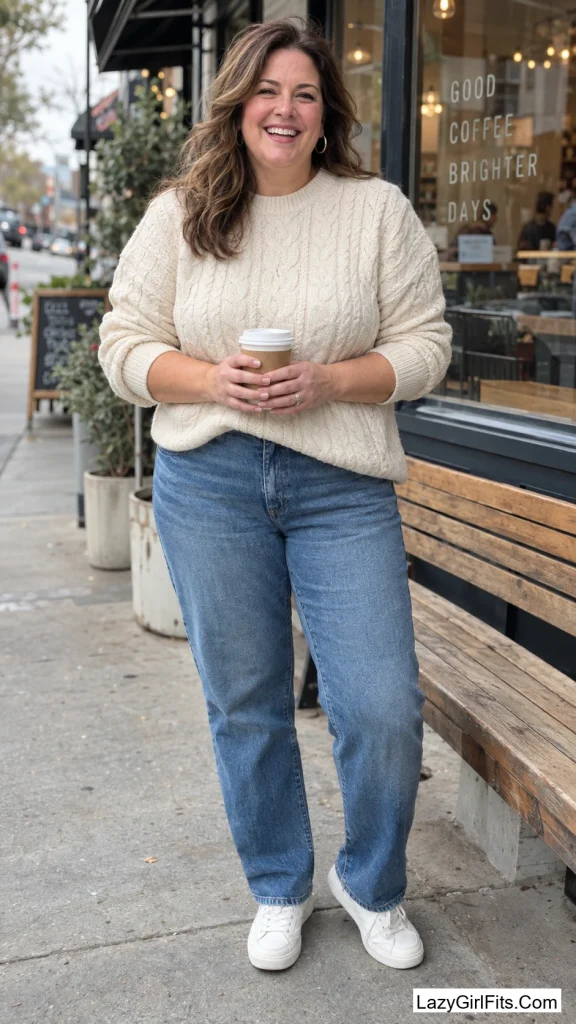 Cream Cable-Knit Sweater with Straight-Leg Jeans