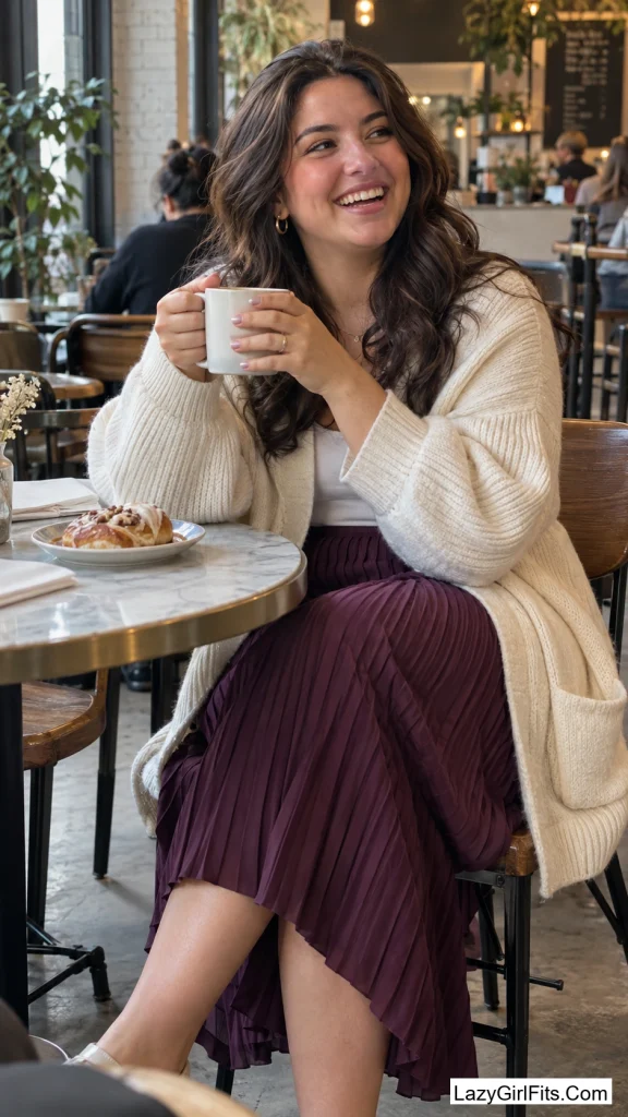 Cream Cardigan Over a Pleated Midi Skirt