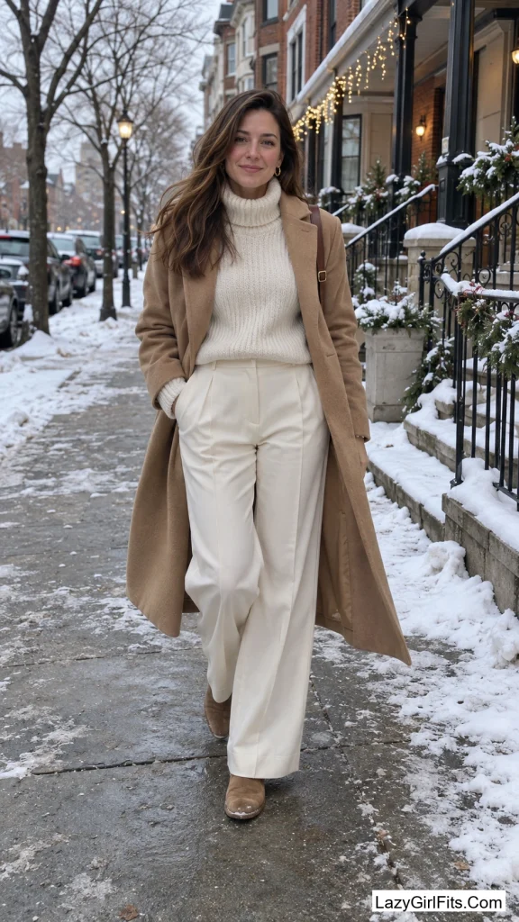 Cream Turtleneck With White Trousers